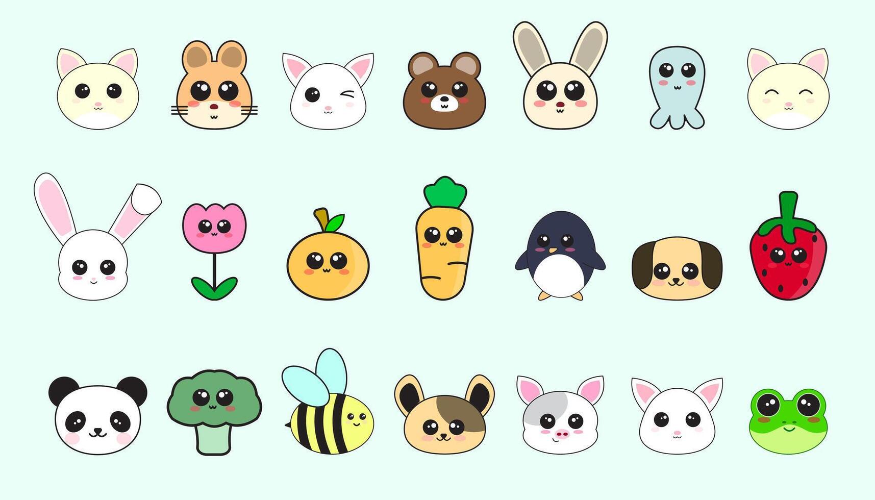 set of cute characters of animals, fruits and vegetables vector