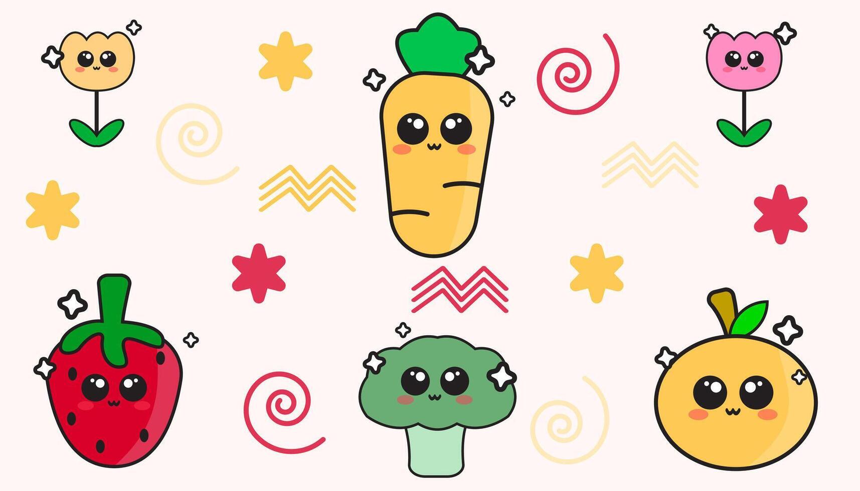 cute background of carrots, broccoli, strawberries and flowers vector