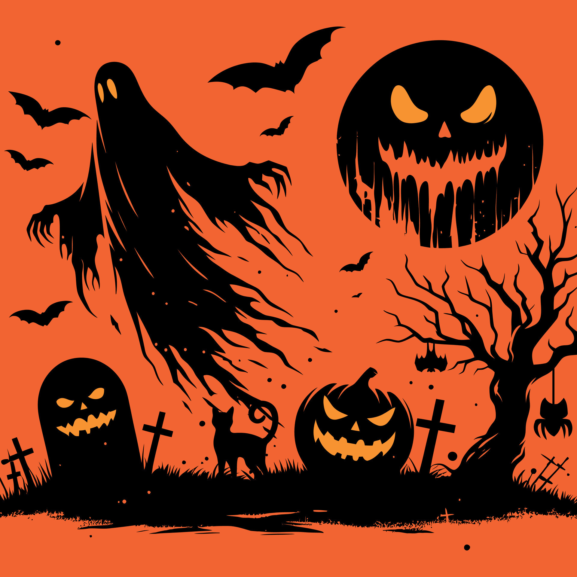 Halloween horror night with big ghost and bats flying on the sky big horror moon pumpkin cat