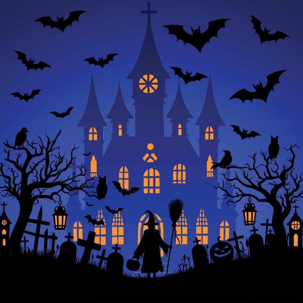 Halloween horror big temple tree flying bats ghosts pumpkins cross hanging lantern owl on tree branch background illustration vector