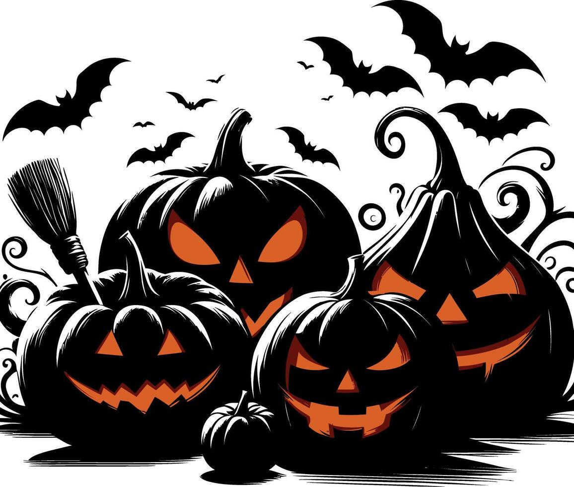 Halloween pumpkin set and flying bats silhouettes illustration background vector