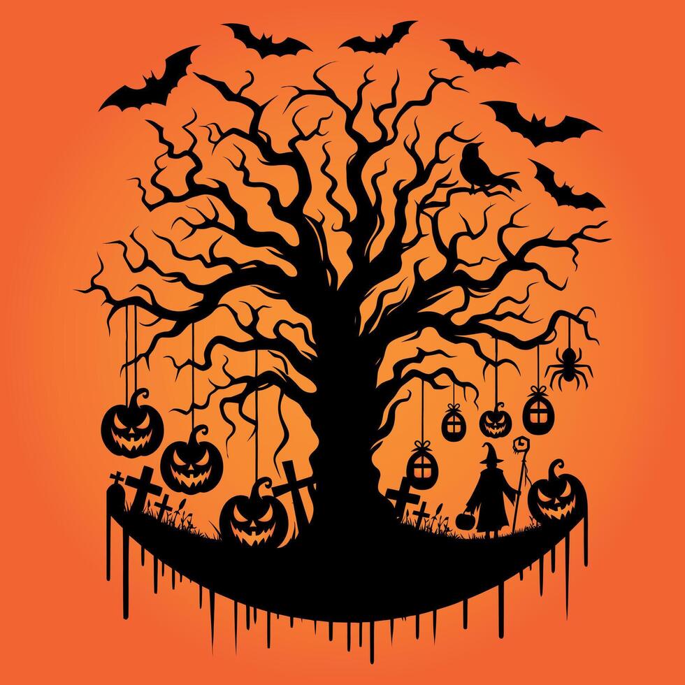 Halloween horror night big tree hanging pumpkins flying bats Halloween ghost cross isolated silhouette background illustration vector