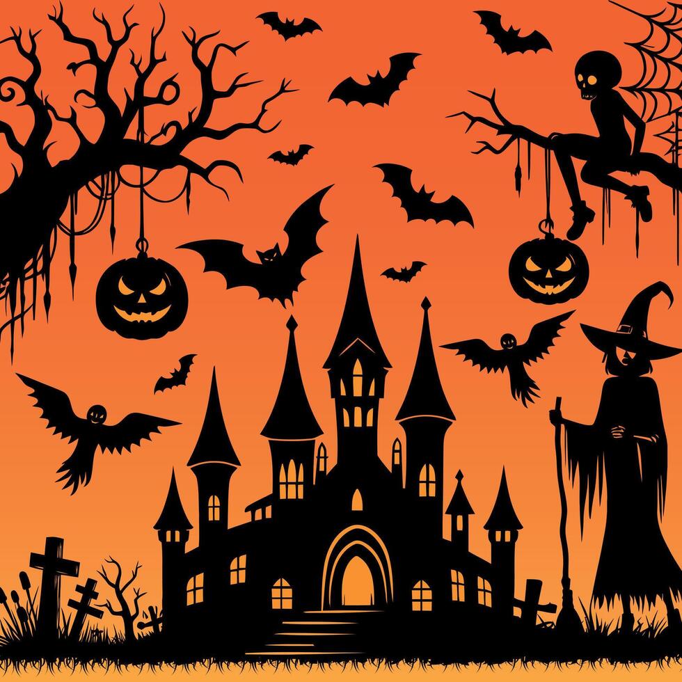 Halloween horror house with big ghost sitting ghost on a tree branch flying bats hanging pumpkin horror night background illustration vector
