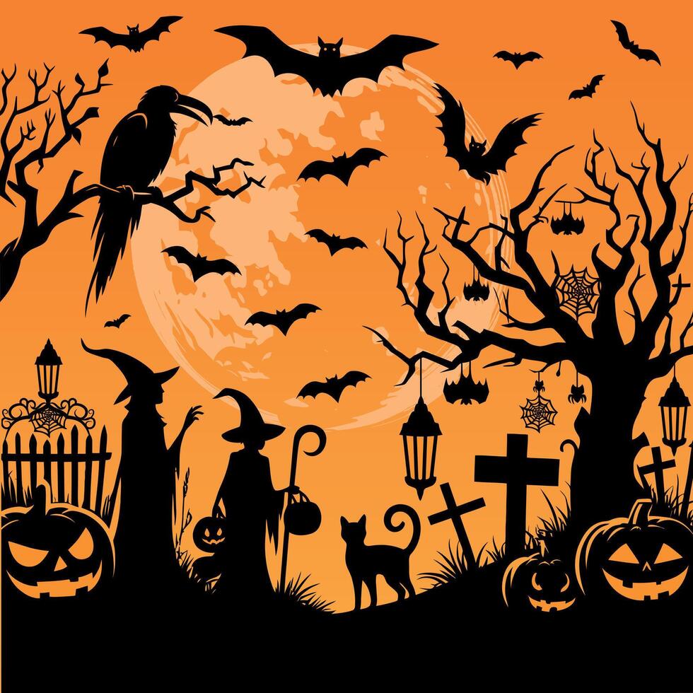 Halloween horror night big tree, flying bats, big moon in the sky, ghosts pumpkins, and cat, lantern spider net background illustration vector