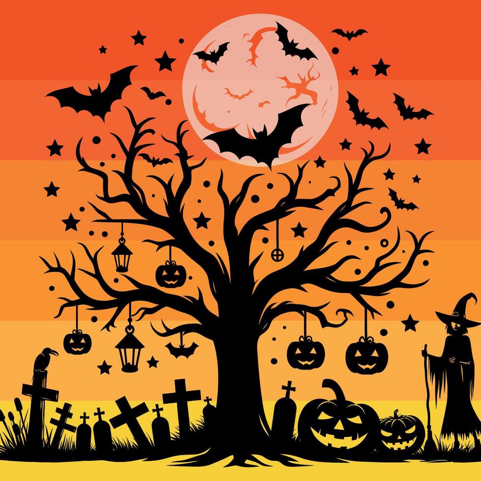 Halloween big moon night template horror tree hanging pumpkins and lanterns flying bats cross and ghost silhouette illustration vector