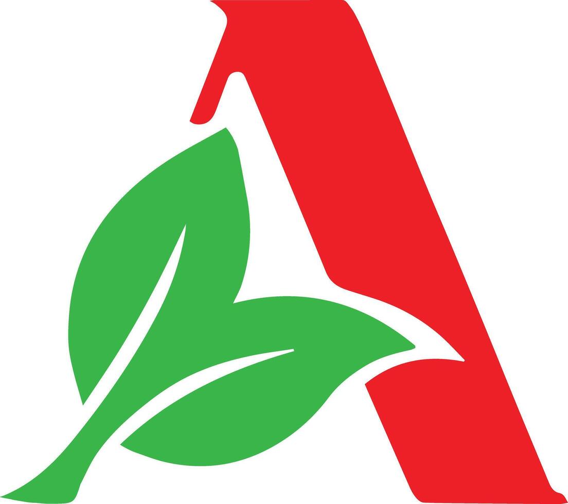 A green and red eco-friendly alphabet logo, created for flexible use in t-shirt designs and by various companies. The logo should be modern, clean, and easily adaptable vector