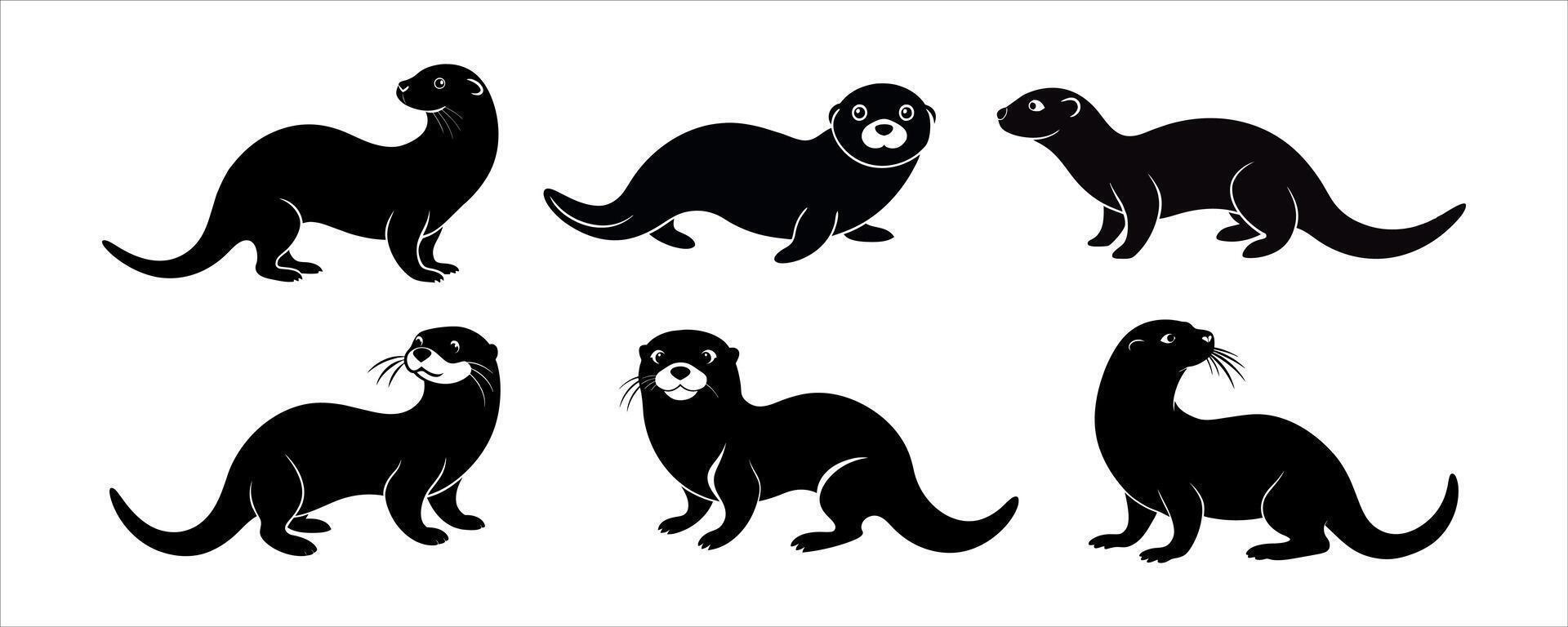 Black silhouette of sea otters isolated on a white background. Concept of marine animal illustration, cute otter, minimalist style, aquatic wildlife. Print, icon, design element vector