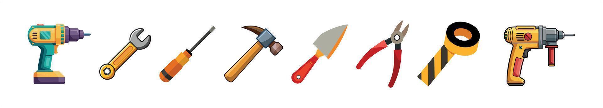 Colorful Illustration of Hand Tools Including Drill, Wrench, Screwdriver, Hammer, Trowel, Pliers, Tape on a White Background. Concept of DIY, Home Improvement, Hardware, and Construction Equipment vector