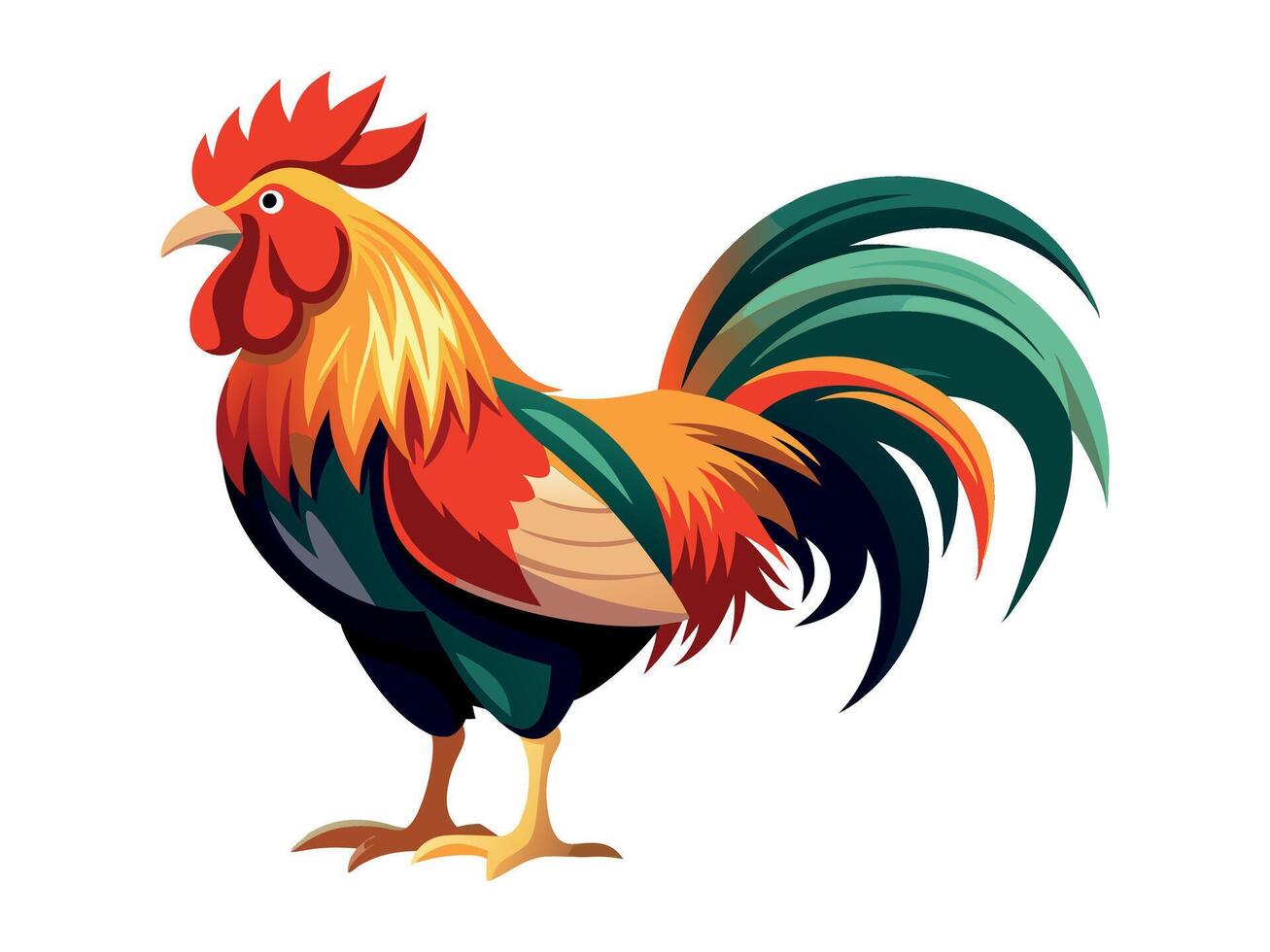 Vibrant colorful rooster illustration on a white background. Concept of farm animals, poultry, livestock art, and rural life. Ideal for prints, icons, and design elements vector