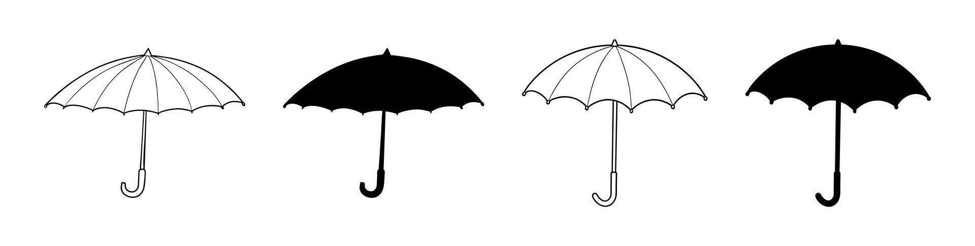 Black and white umbrella set isolated on a white background. Silhouettes and outlines. Concept of rainy weather accessories, protection from rain, minimalist design vector