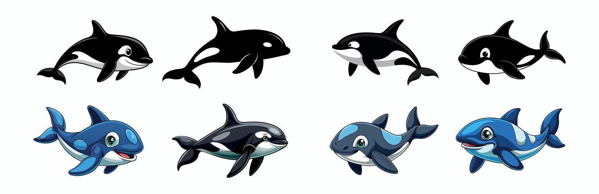 Collection of playful cartoon killer whales in various poses. Concept of marine animals, ocean life, cute orca illustrations, character design for kids vector