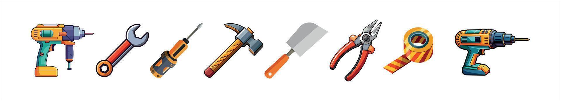 Illustration of Essential Hand Tools Including Drill, Wrench, Screwdriver, Hammer, Trowel, Pliers, Tape. Concepts of Handheld Tools, Construction Equipment, DIY Projects, Repair and Maintenance vector