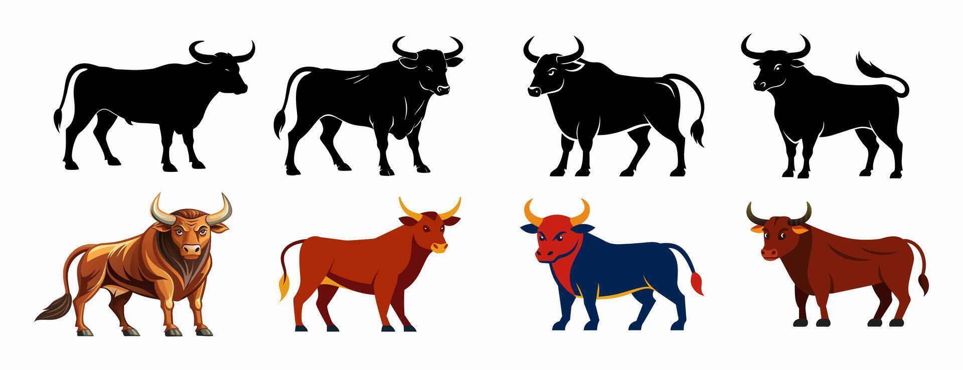 Set of illustrated farm bulls and black silhouettes isolated on a white background. Concept of farm animals, domestic livestock, bull illustration, agricultural design elements. vector