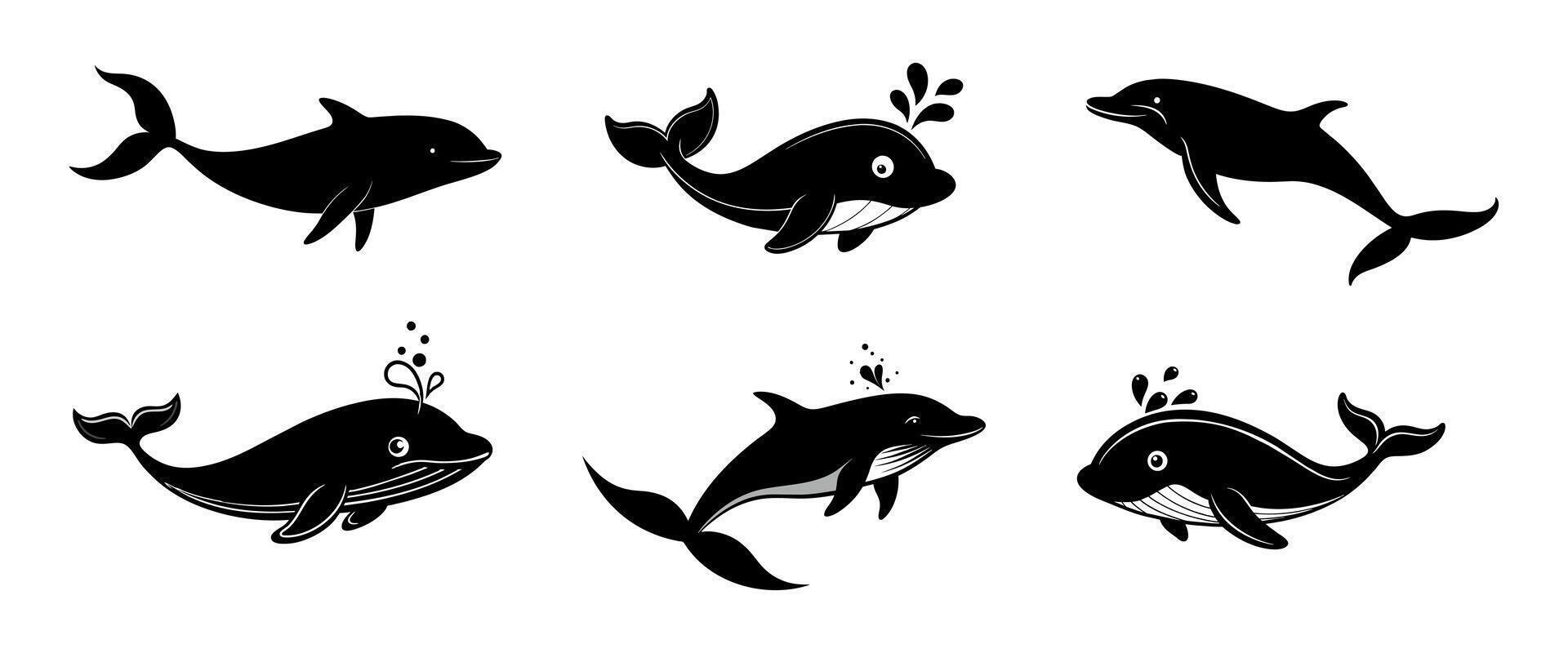Black silhouettes of whales isolated on a white background. Concept of marine animals illustration, ocean wildlife, minimalist style, aquatic creatures. Print, icon, design elements vector