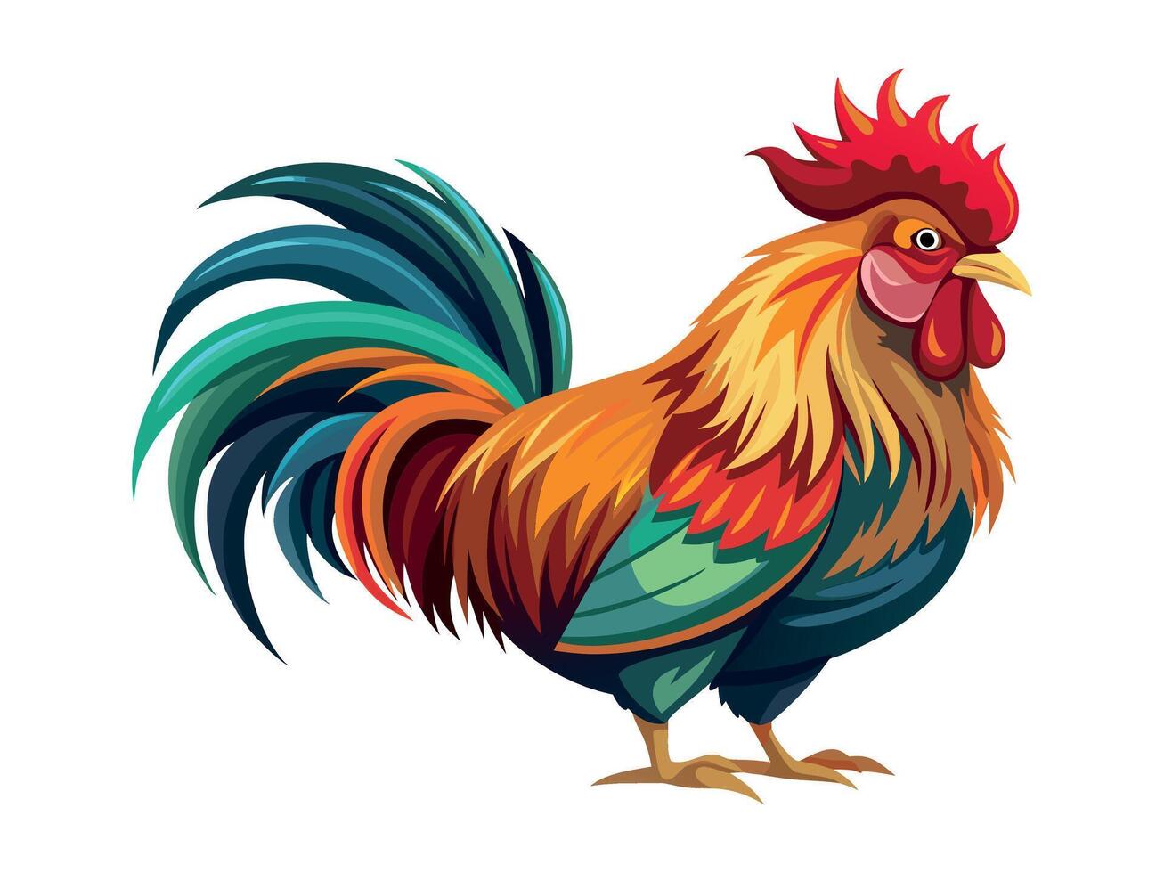 Colorful rooster illustration with detailed feathers isolated on a white background. Concept of farm animal, vibrant bird, nature, and wildlife illustration. Print, icon, design element vector