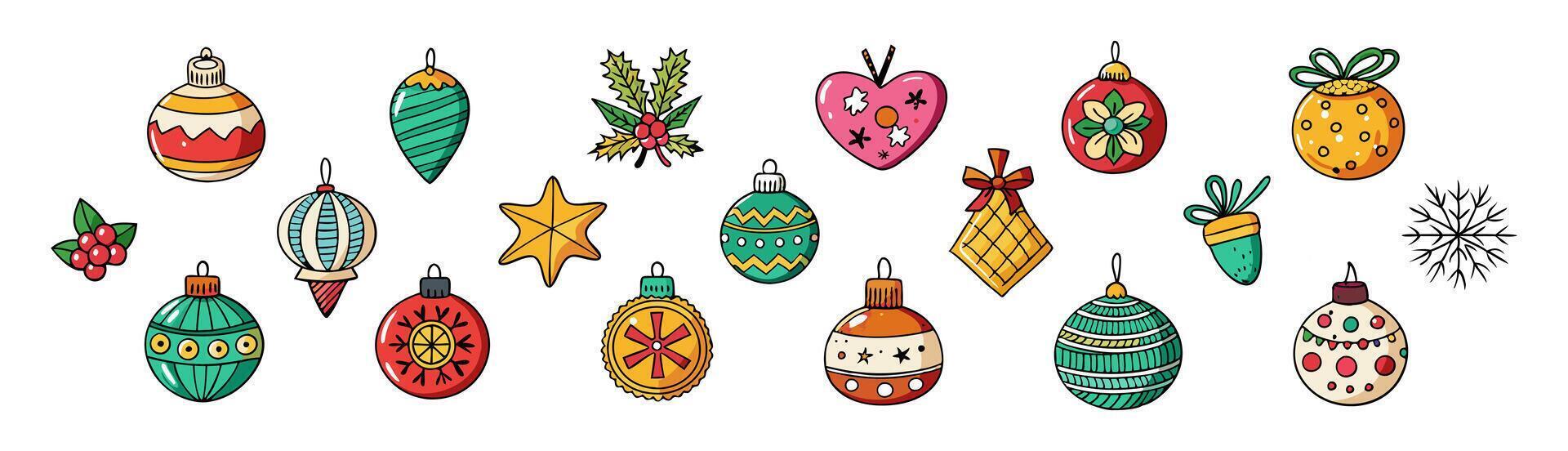 Set of Colorful Christmas ornaments isolated on white background. Concept of holiday decoration, festive, winter celebration, traditional bauble, Christmas decoration. Print, design element. Clip art vector