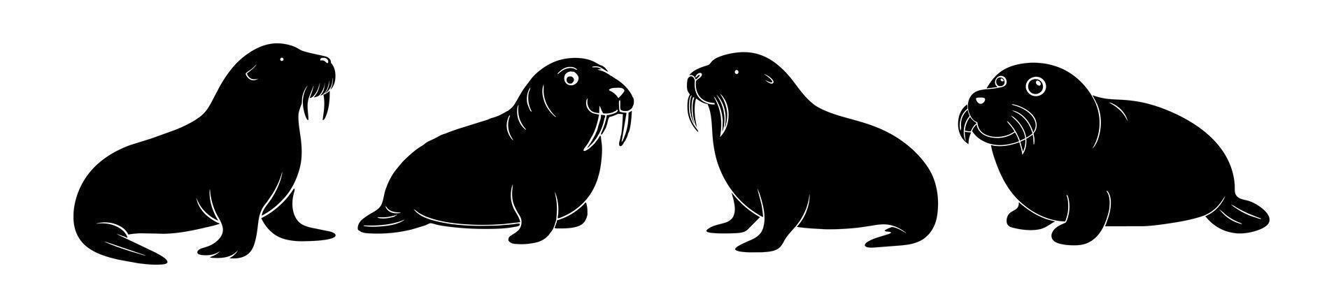 Black silhouette of walrus isolated on a white background. Concept of marine animal illustration, wildlife, minimalist style, cute sea creature. Print, icon, design element vector