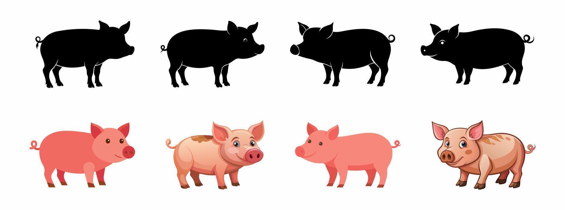 Set of pig silhouettes and cartoon pigs isolated on a white background. Concept of farm animals, cute illustrations, livestock. Print, icon, design element. vector