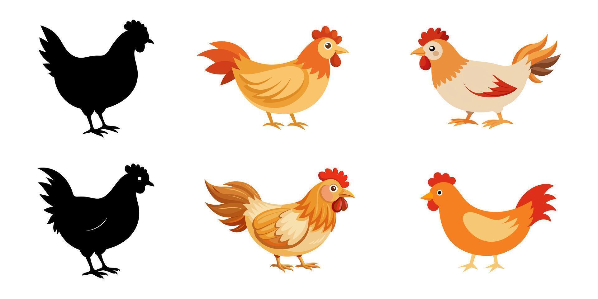 Set of colorful cartoon chickens and black silhouettes isolated on a white background. Concept of farm animals, poultry illustration, funny hens, cute birds. Print, icon, design elements. vector