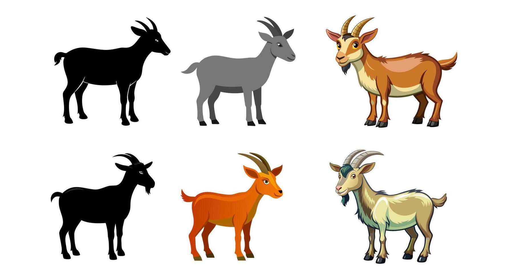 Set of goats isolated on white background. Colorful illustrations and black silhouettes. Concept of domestic farm animals, cute cartoon goats. Print, icon, design elements. vector