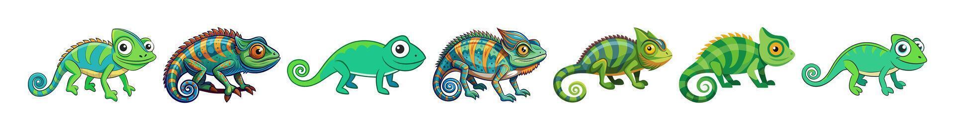 Set of colorful cartoon chameleons isolated on a white background. Concepts of reptiles, cute animals, jungle creatures, and playful illustrations. Perfect for children's designs, prints. vector
