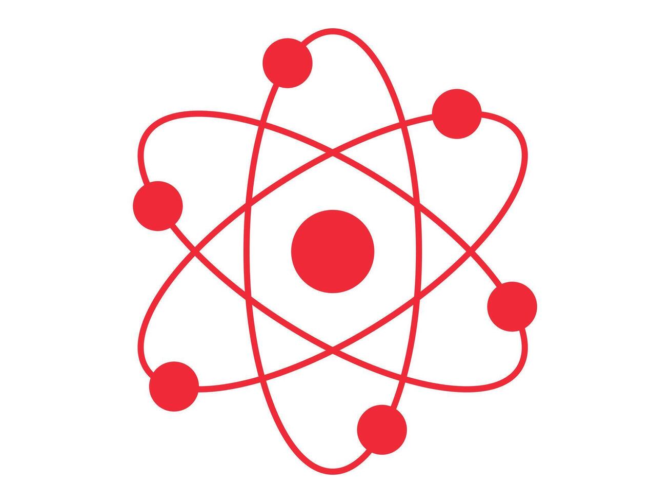 Red silhouette of an atom with orbiting electrons isolated on a white background. Concept of science, physics, atomic structure, minimalism. Icon, symbol, design element. vector