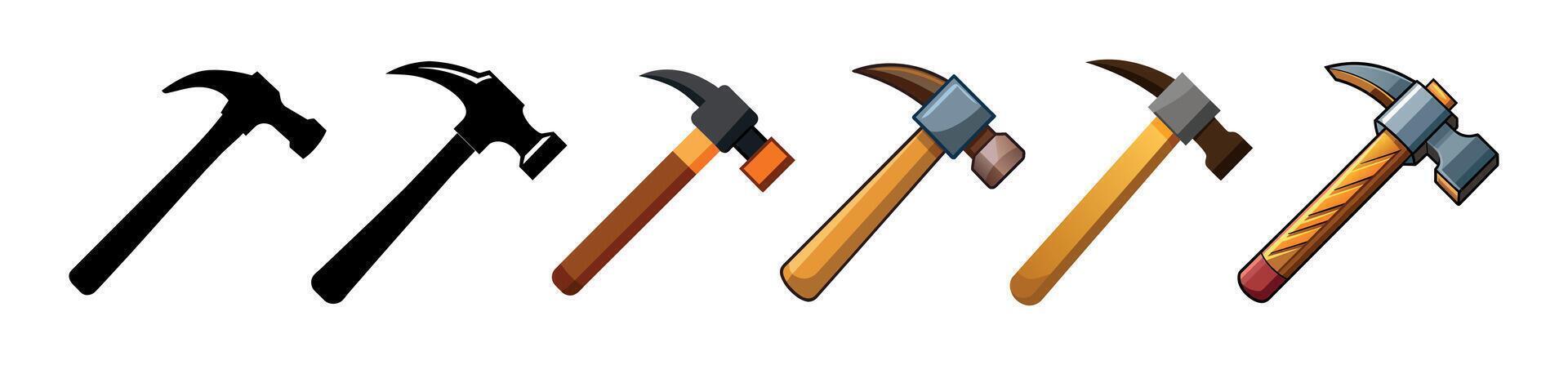 Colorful and Black Silhouettes of Hammers Isolated on a White Background. Concept of Hand Tools Illustration, Construction Equipment, and DIY Projects. Print, Icon, Design Elements vector