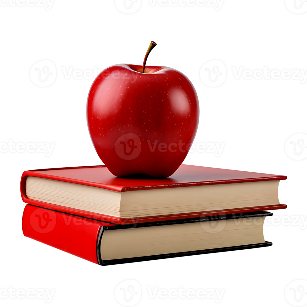 Vintage red books and a red apple isolated on white and transparent. AI generate png