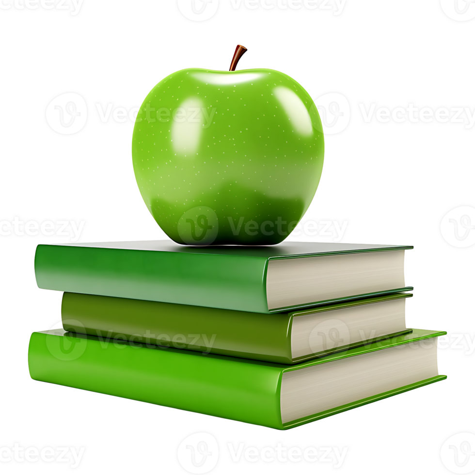 Vintage books and a green apple isolated on white and transparent. AI generate png