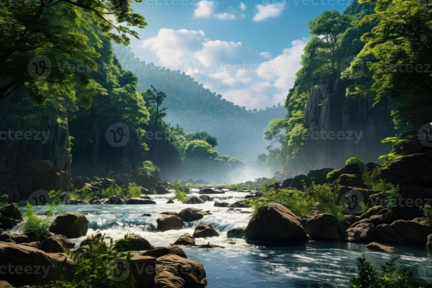 Indian landscape. Lush green forest with a river running through it. The water is clear and calm, and the trees are tall and leafy. The scene is peaceful and serene. . photo
