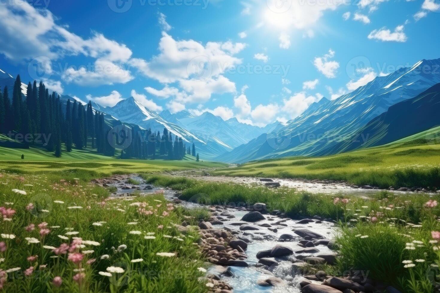 River flows through lush green valley with backdrop of mountains. Indian landscape. Water is crystal clear and surrounding trees are tall and green. Peaceful and serene scene. . photo