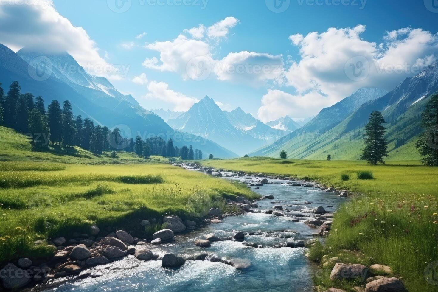 Indian landscape. River flows through a lush green valley with mountains in the background. The scene is serene and peaceful. . photo