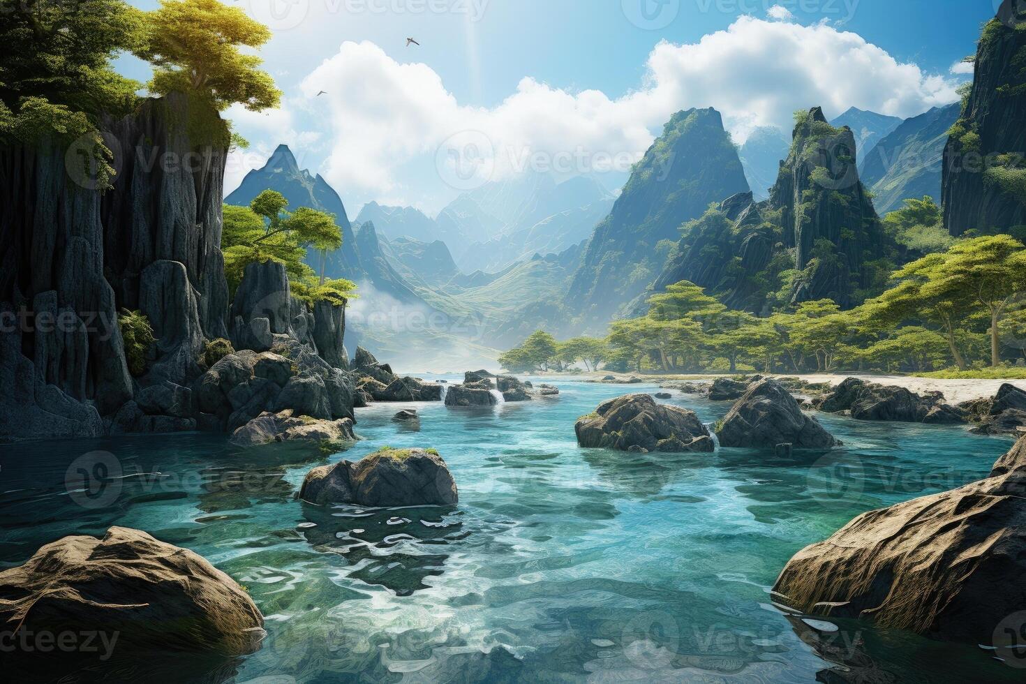 Beautiful Philippines rocky shoreline with rocks. . Asian landscape. Water is crystal clear and mountains in background are majestic. Scene is serene and peaceful. photo