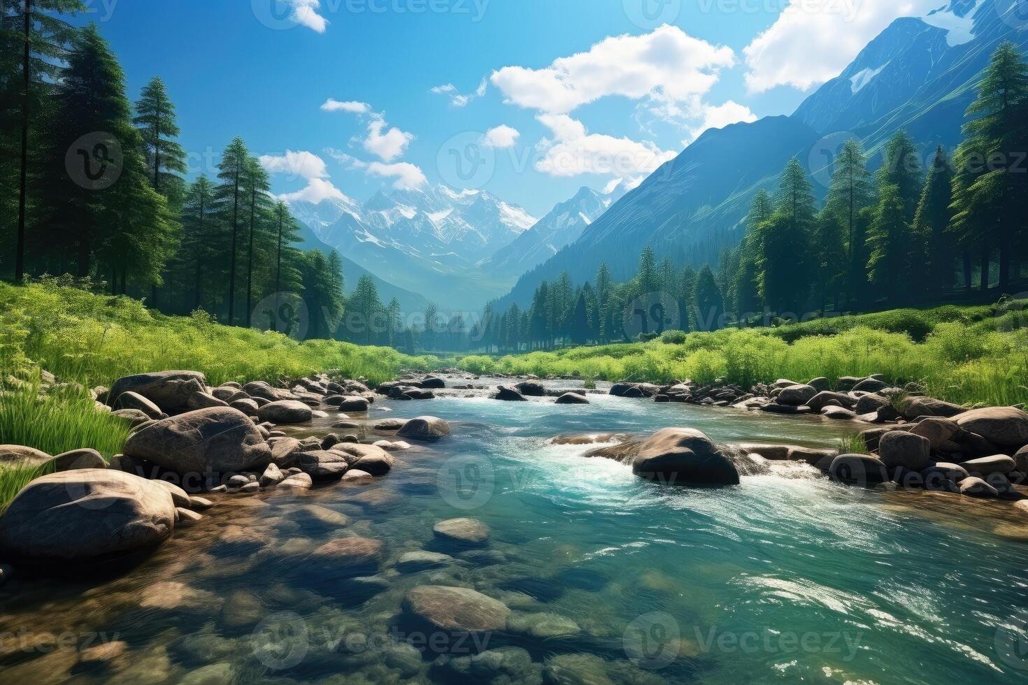 Indian landscape. River with a mountain in the background. The water is clear and the sky is blue. The scene is peaceful and serene. . photo