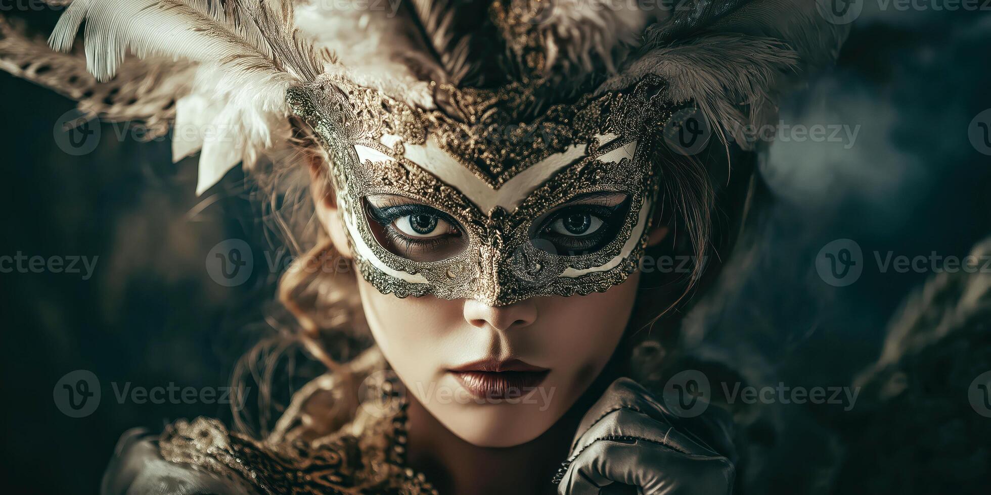 Elegant masquerade intricate feathered mask with ornate details in dramatic lighting photo