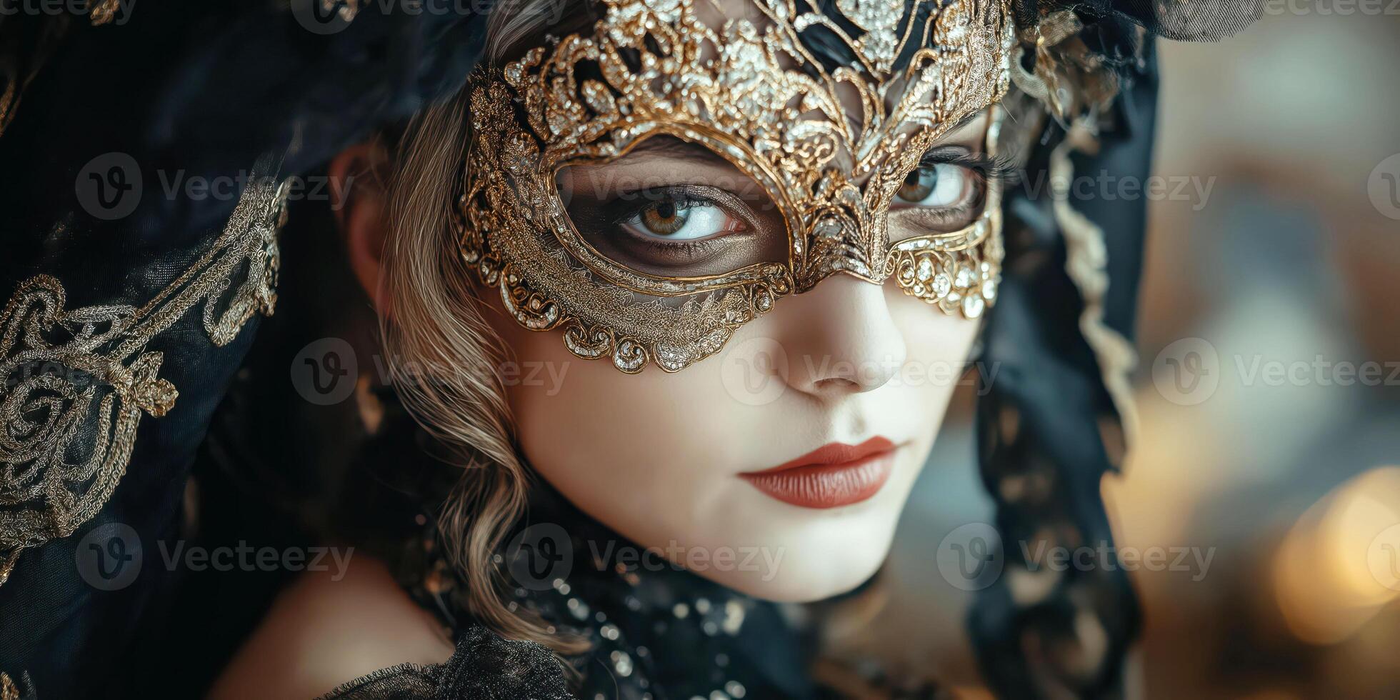 Mysterious woman in ornate mask with elaborate costume captivating venetian masquerade photo