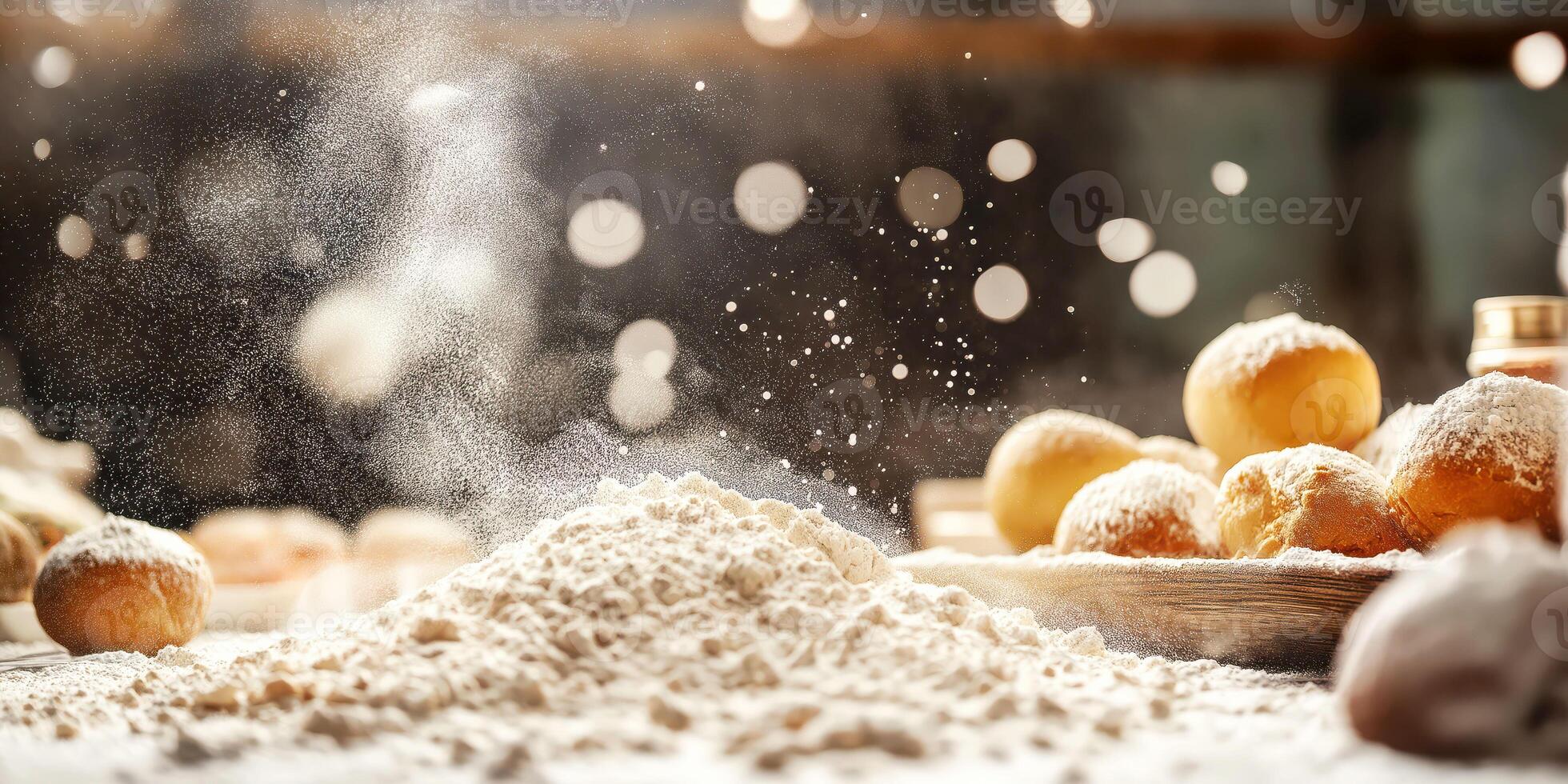 Flour flying in baking kitchen with fresh doughnuts on rustic wooden table photo