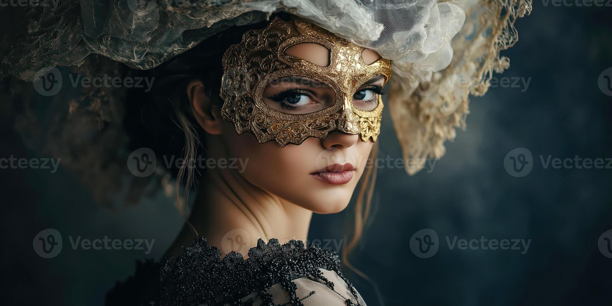 Elegant woman wearing ornate venetian mask with lace hat photo
