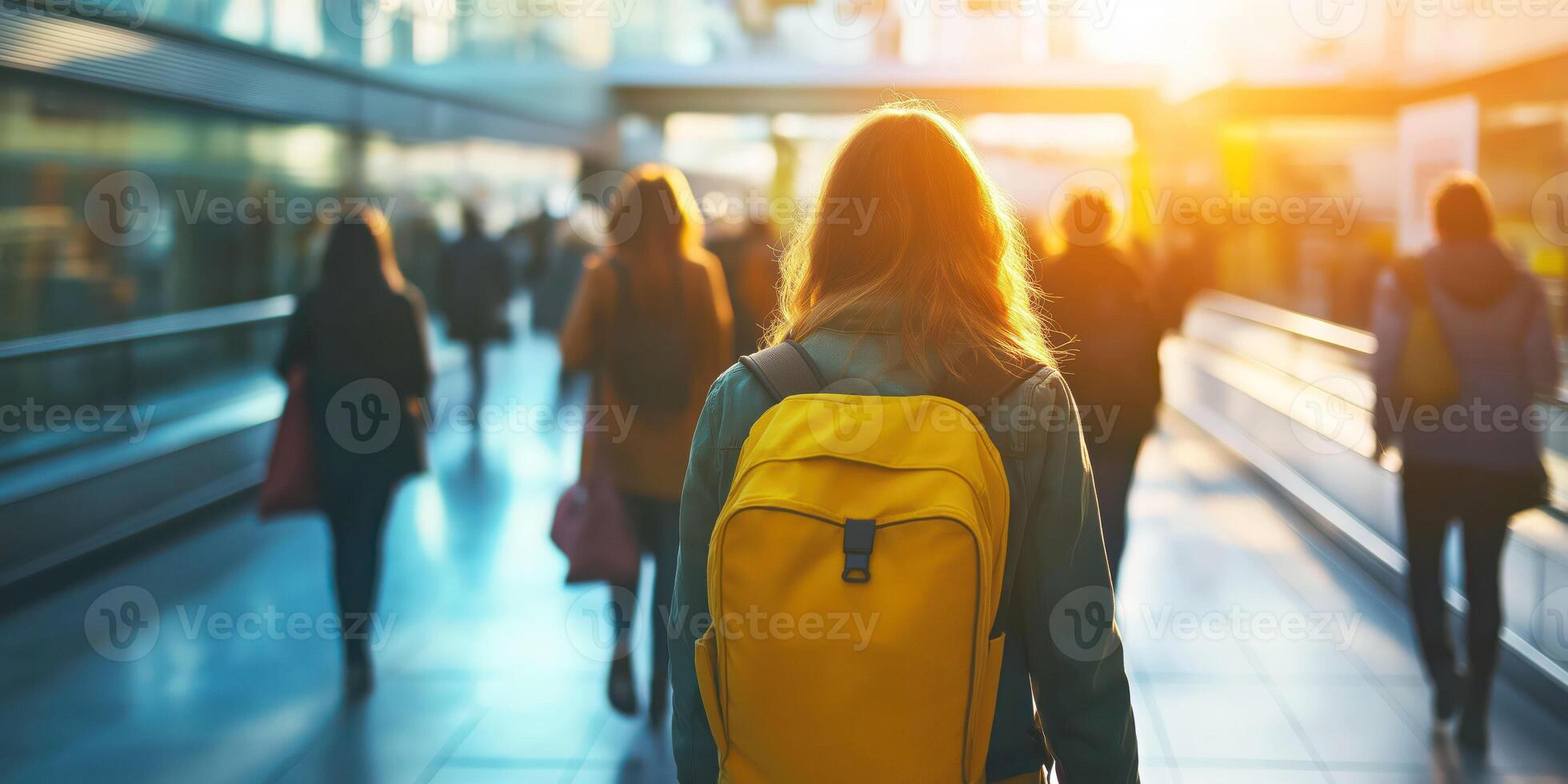 Busy commuters traveling through sunlit urban station with bright yellow backpack photo