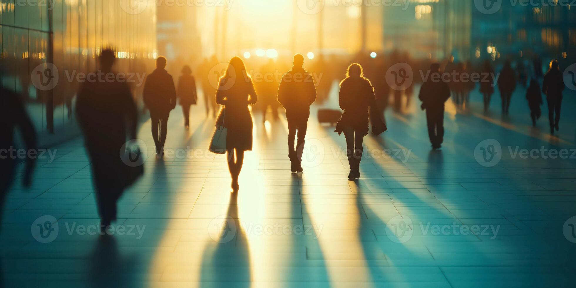 Silhouetted figures walking in urban sunrise modern cityscape movement and light photo