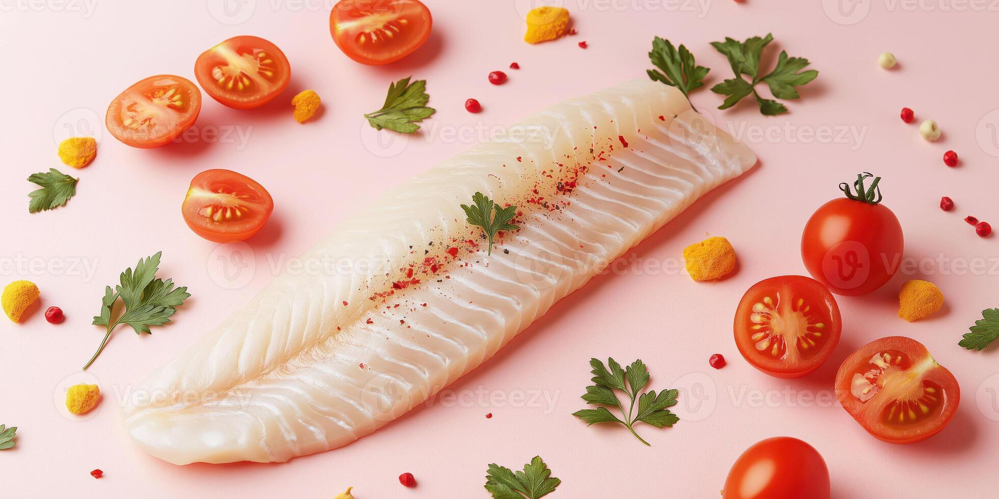 Fresh cod fillet with cherry tomatoes and herbs on pink background - culinary delight photo