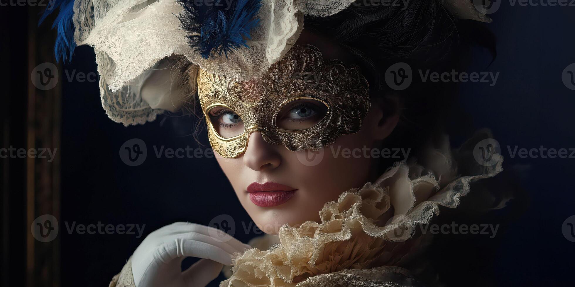 Elegant woman in vintage costume with ornate mask and feathers in a mysterious setting photo