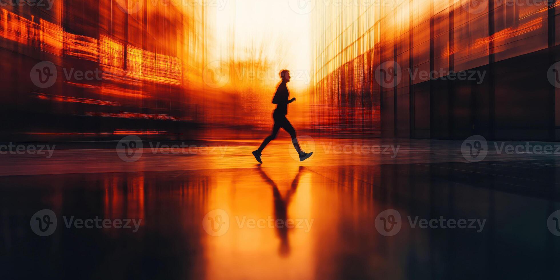 Silhouette running in urban sunset dynamic motion and reflections in modern cityscape photo