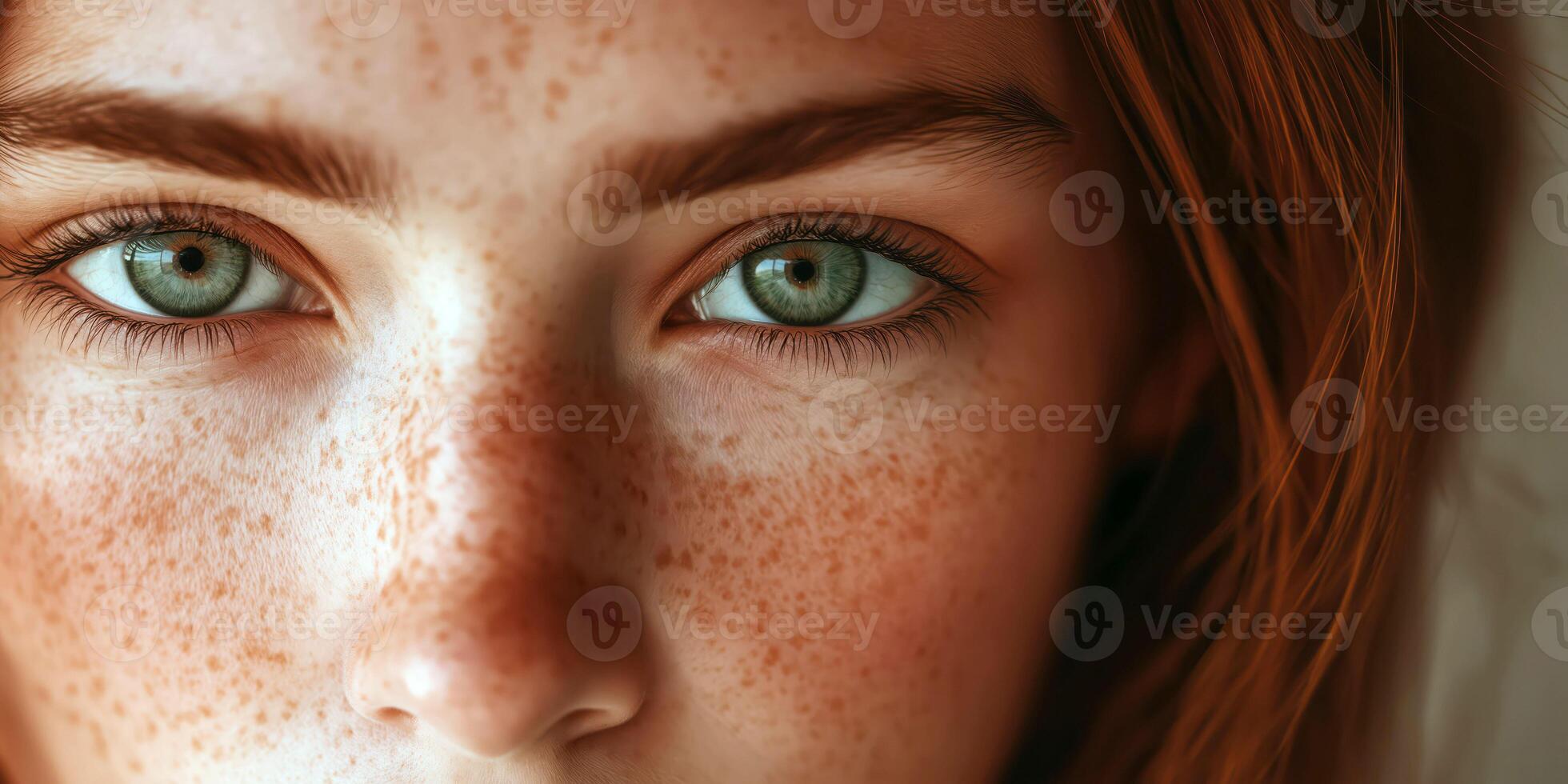 Close-up portrait of freckled redhead girl with striking green eyes in natural light photo
