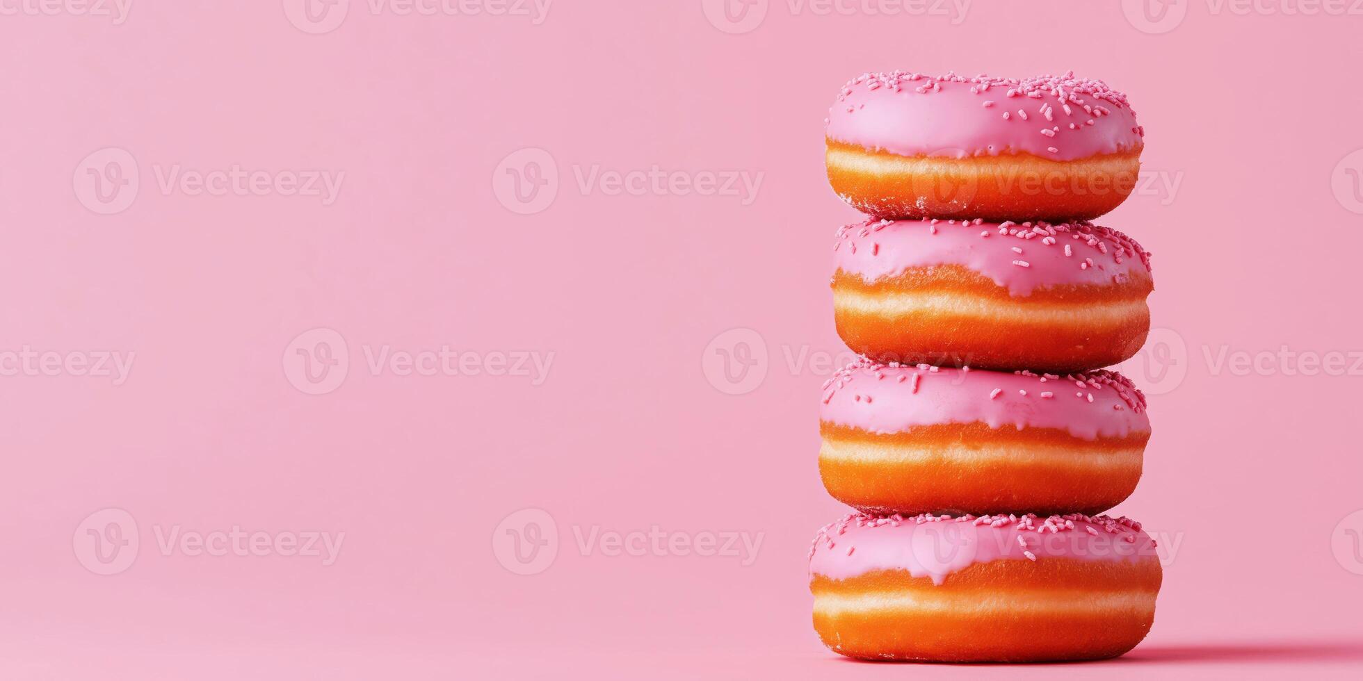 Stack of pink frosted donuts with sprinkles on a soft pink background photo