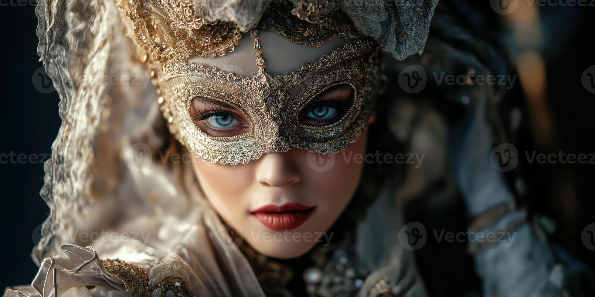 Elegant venetian masked woman in luxurious golden costume with intricate details photo