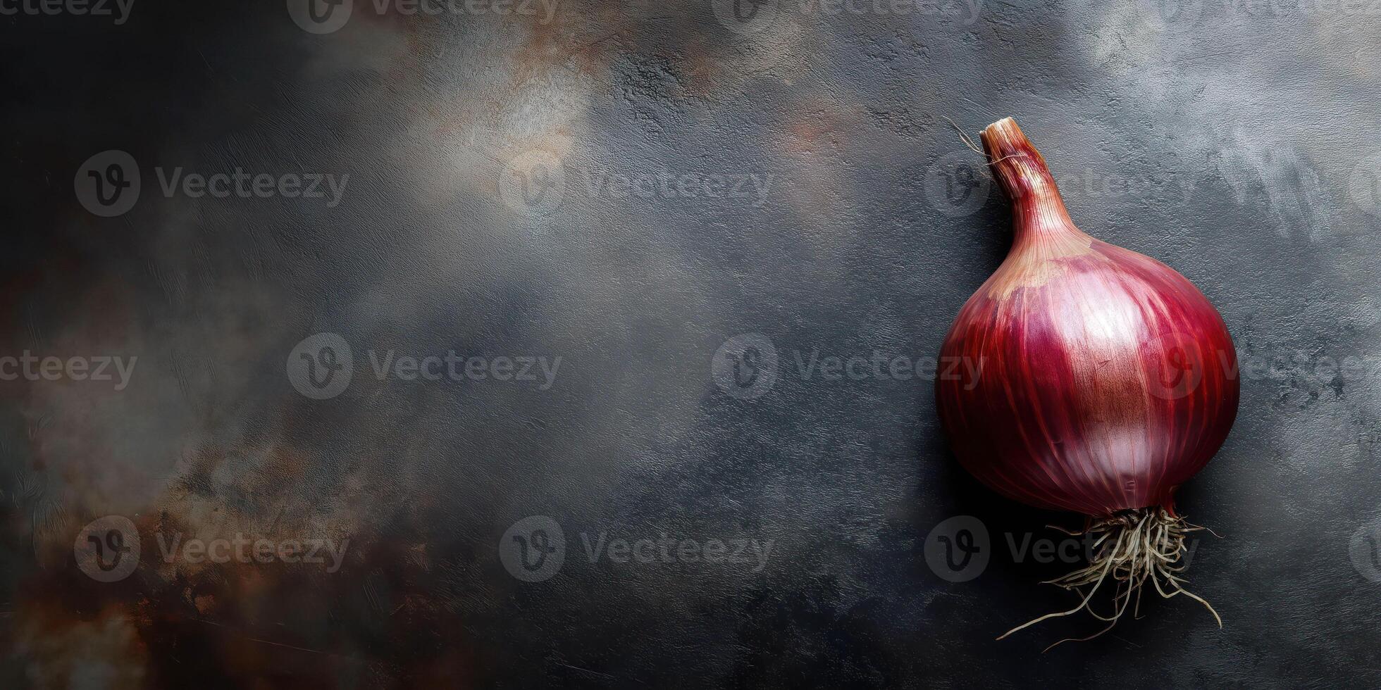 Single red onion on dark rustic background moody food photography photo