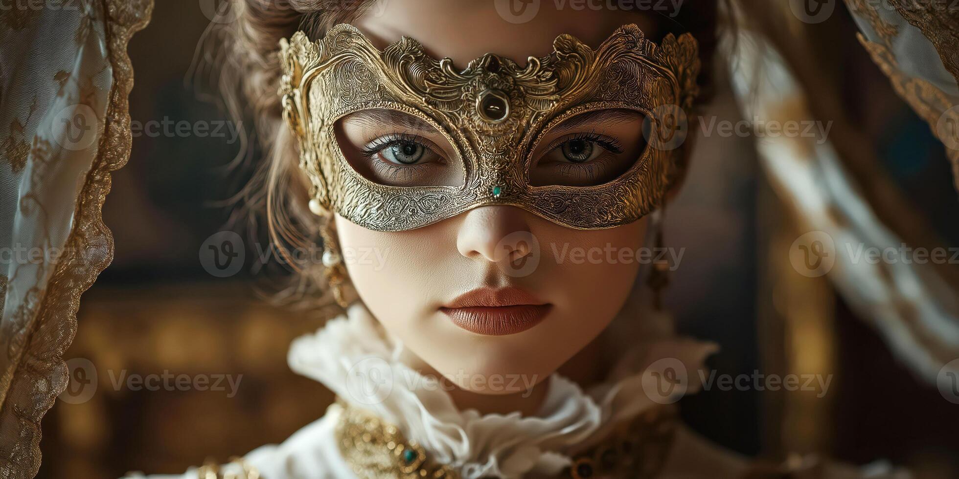 Elegant woman in ornate gold mask at venice masquerade ball photo