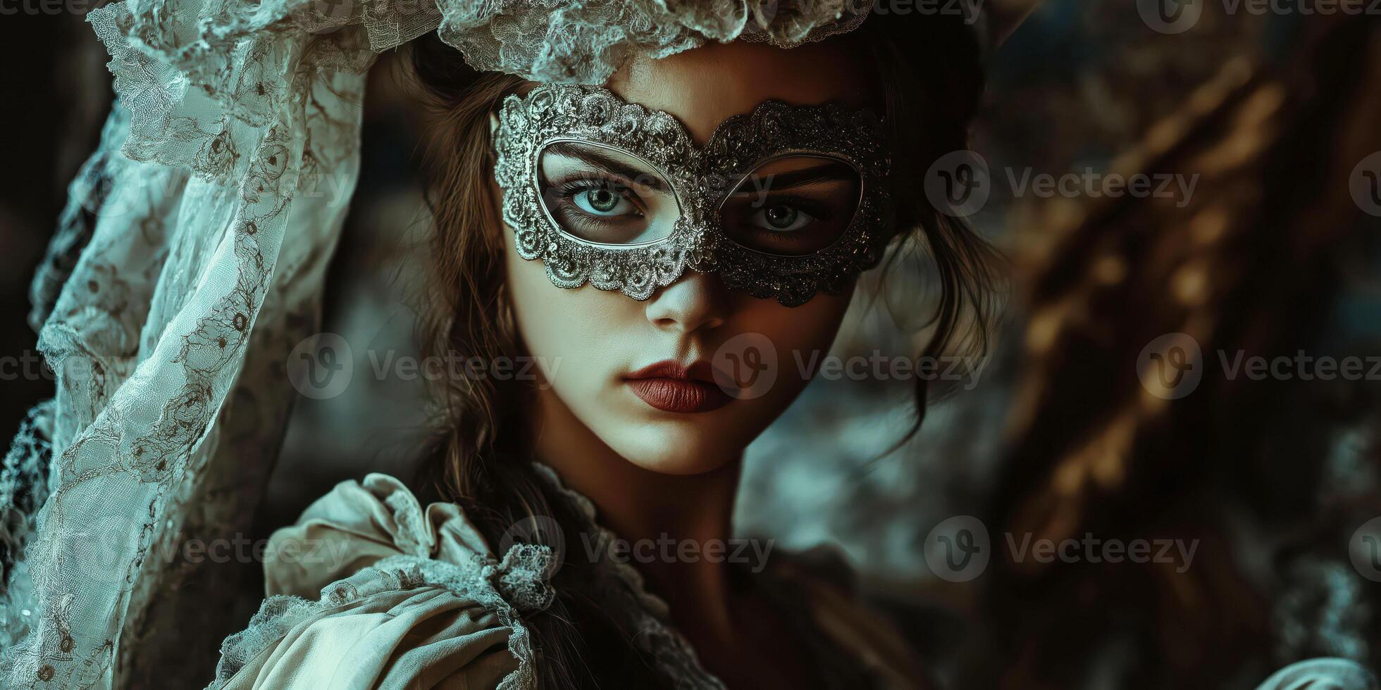 Mysterious woman in ornate mask amidst elegant vintage fashion and dramatic lighting photo