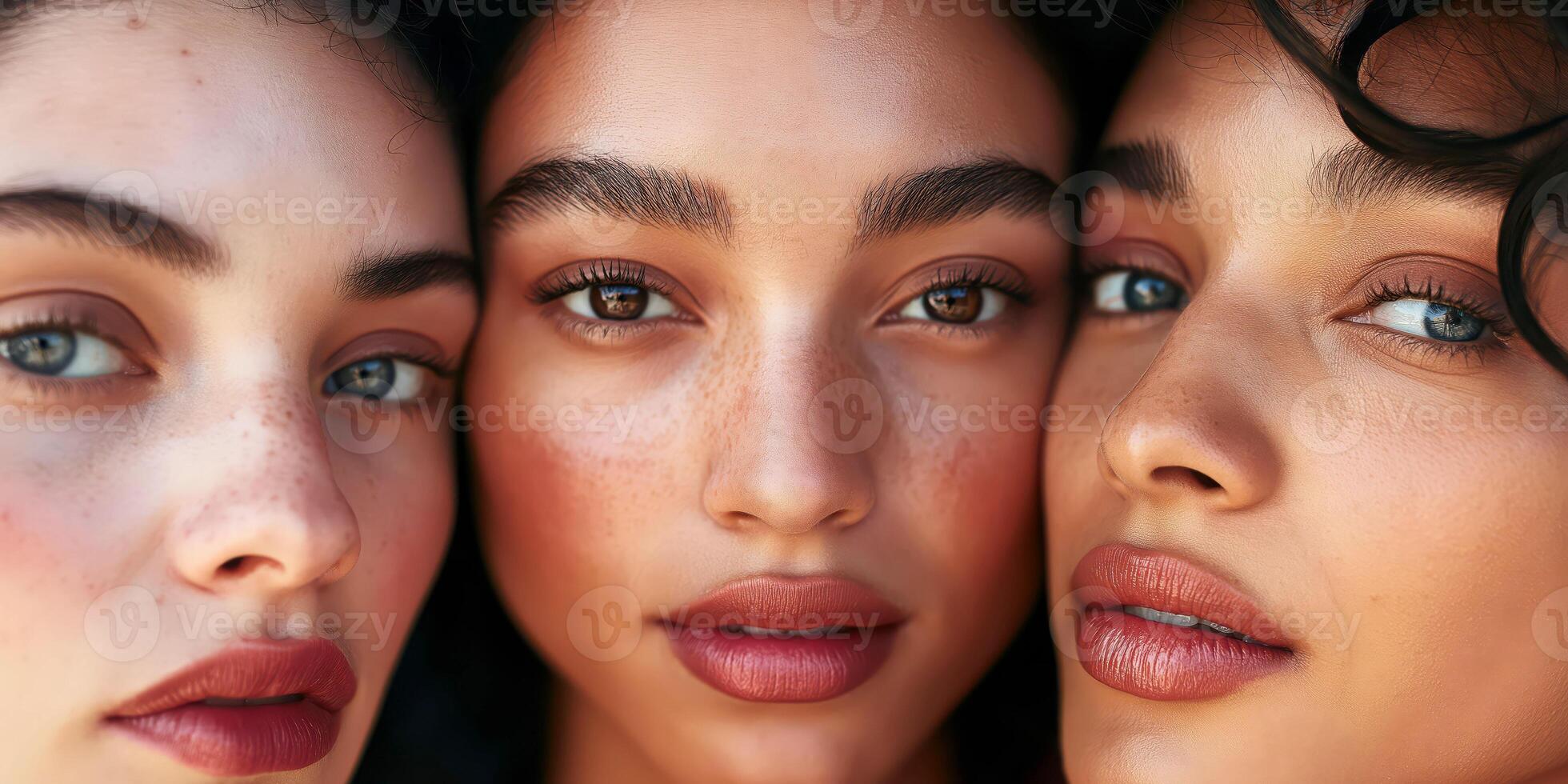 Close-up portrait of three women embracing natural beauty and diversity in modern stock photography photo